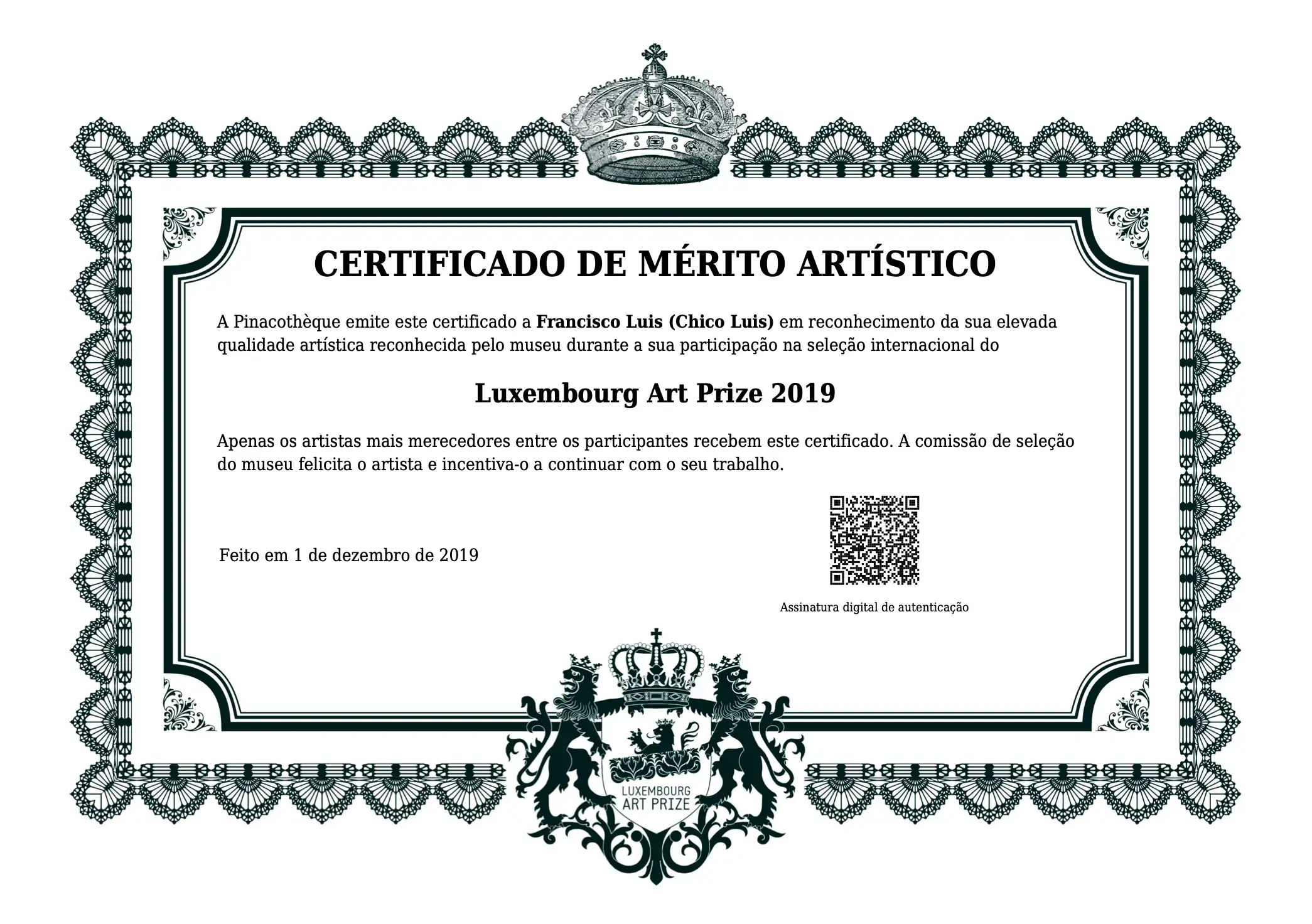 Certificado de mérito artístico, Luxembourg Art Prize 2019